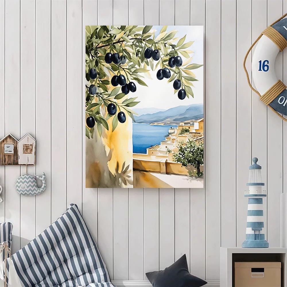 GKUVBF Tableau sur toile représentant une branche d'olivier en été, un village côtier avec vue sur la mer, décoration pour salon ou maison (60 x 80 cm/cadre intérieur)