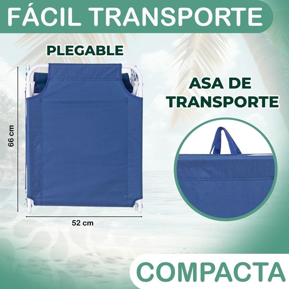 LOLAhome Tumbona Playa y jardín reclinable 5 Posiciones Convertible en Cama, Plegable, Estructura Acero Pintura Epoxi anticorrosión, Tejido loneta Oxford 600 D poliéster Azul Marino de 186 cm