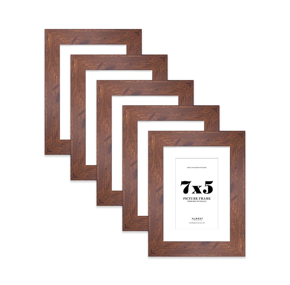 7x5 Rustic Wood Frame With Mount for 5x3 Pictures 28mm Edge Portrait and Landscape Display with Wall Hooks and Kickstand, 5 Pack