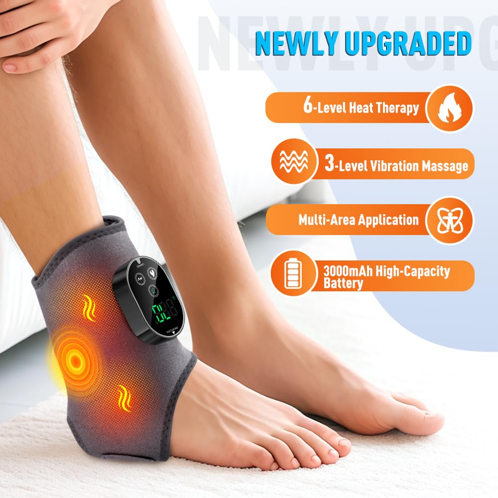 Massaggiatore per piedi con calore e vibrazione – Massaggiatore per caviglia senza fili con 6 livelli di calore & 3 timer, massaggiatore per piedi ricaricabile, per casa, ufficio, viaggio, ideale per