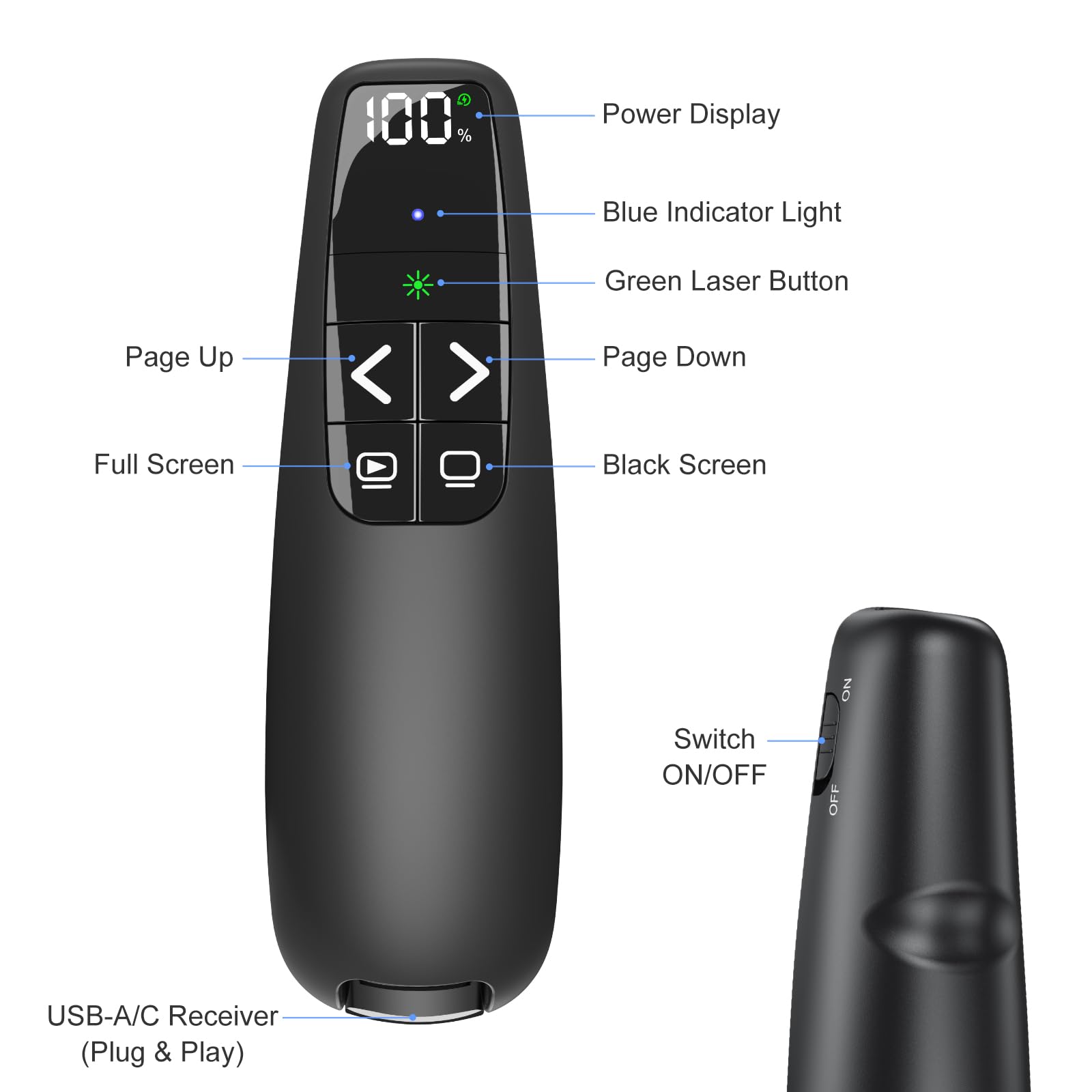 Drahtloser Präsentationsklicker mit grünem Zeiger, Power-Smart-Digitalanzeige, PowerPoint-Präsentations-Fernbedienung, wiederaufladbar, USB C, A, Google Slide Advancer für Mac, Laptop, PC, Computer