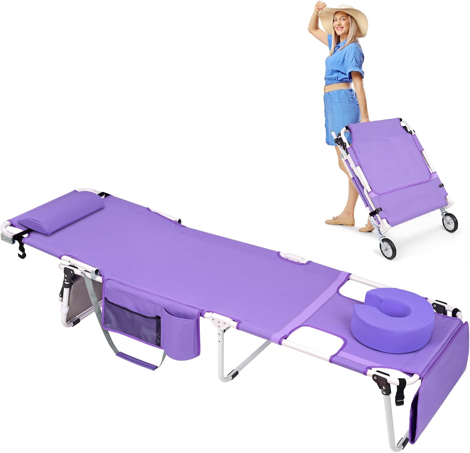 Wheel-To-Go Tanning Chair with Wheels & Face Hole Thicker Washable Adjustable, Heavy Duty Folding Lounge Chair, Outside Sunbathing Reading Beach Poolside, Lay Flat Sun Lounger, 300 LBS (Patent Design) Purple Standard Size