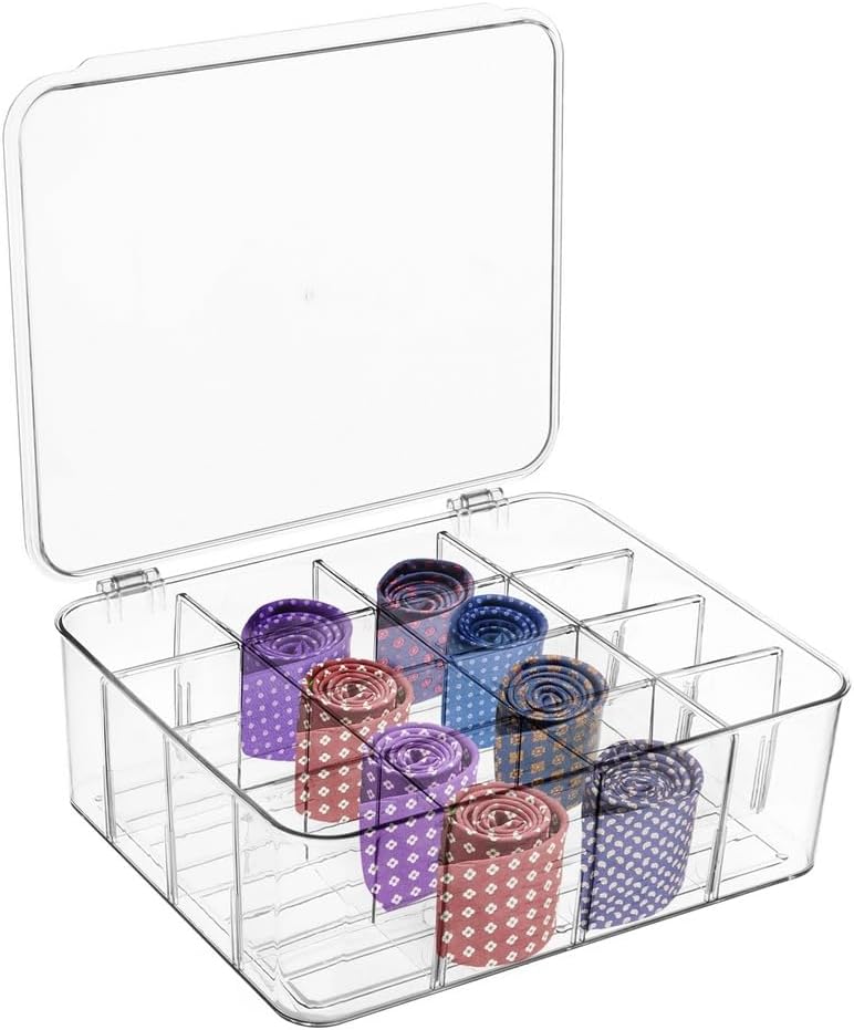 Stackable Tie Storage Box, 16-Cell Clear Organizer For Ties, Underwear, Socks, And Small Accessories