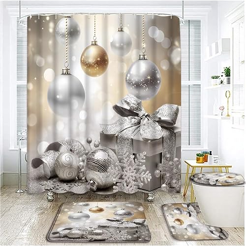 Juego de 4 cortinas de ducha de bolas de Navidad con alfombras, cubierta de tapa de inodoro, bolas de Navidad doradas, blancas y plateadas, regalos