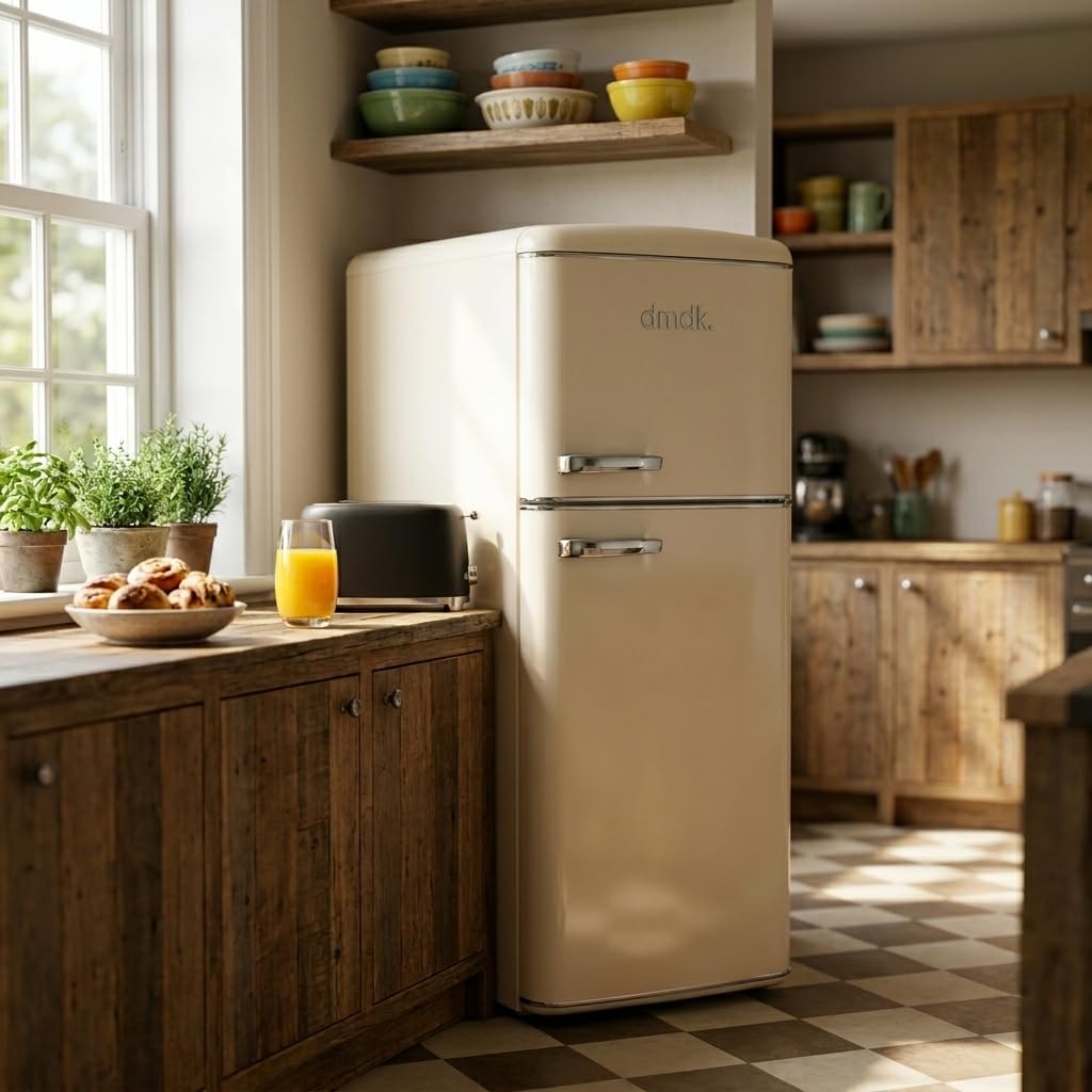 DMDK DKC2 Independiente Refrigerador/Congelador, 206 L Contenido neto, 4 estantes ajustables, bandeja grande para verduras, crema, clase energética E