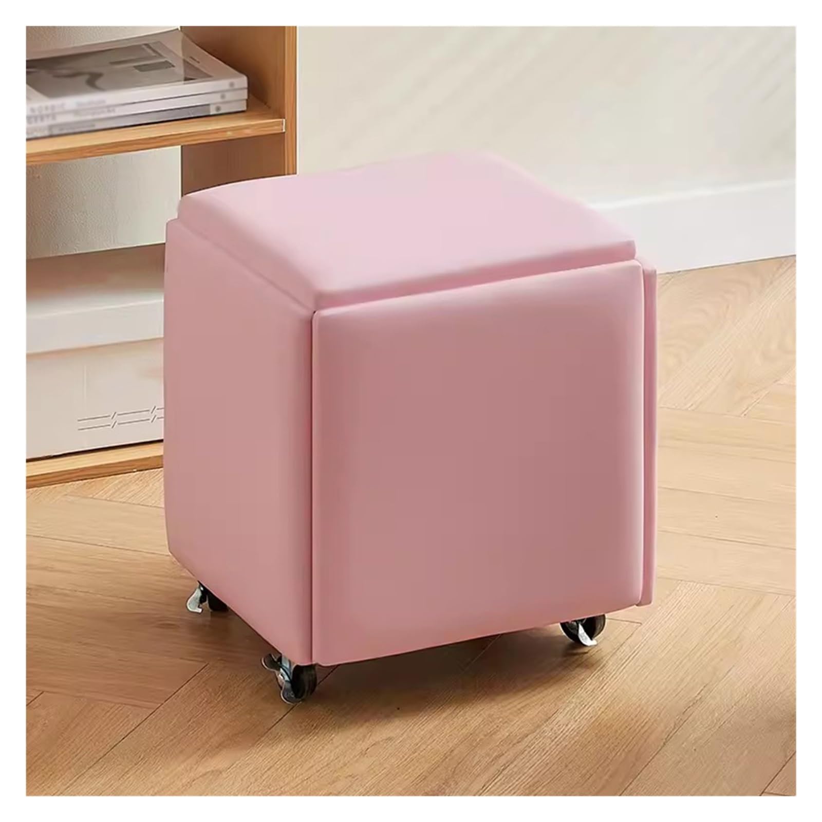 WDSOPK Moveable Stool Cubes 5 in 1 Seating Cube with Swivel Casters,Stackable Sofa Chair Stools Nesting Ottoman Stool,Leather Cube Chair Vanity Stool with Metal Legs（Pink）