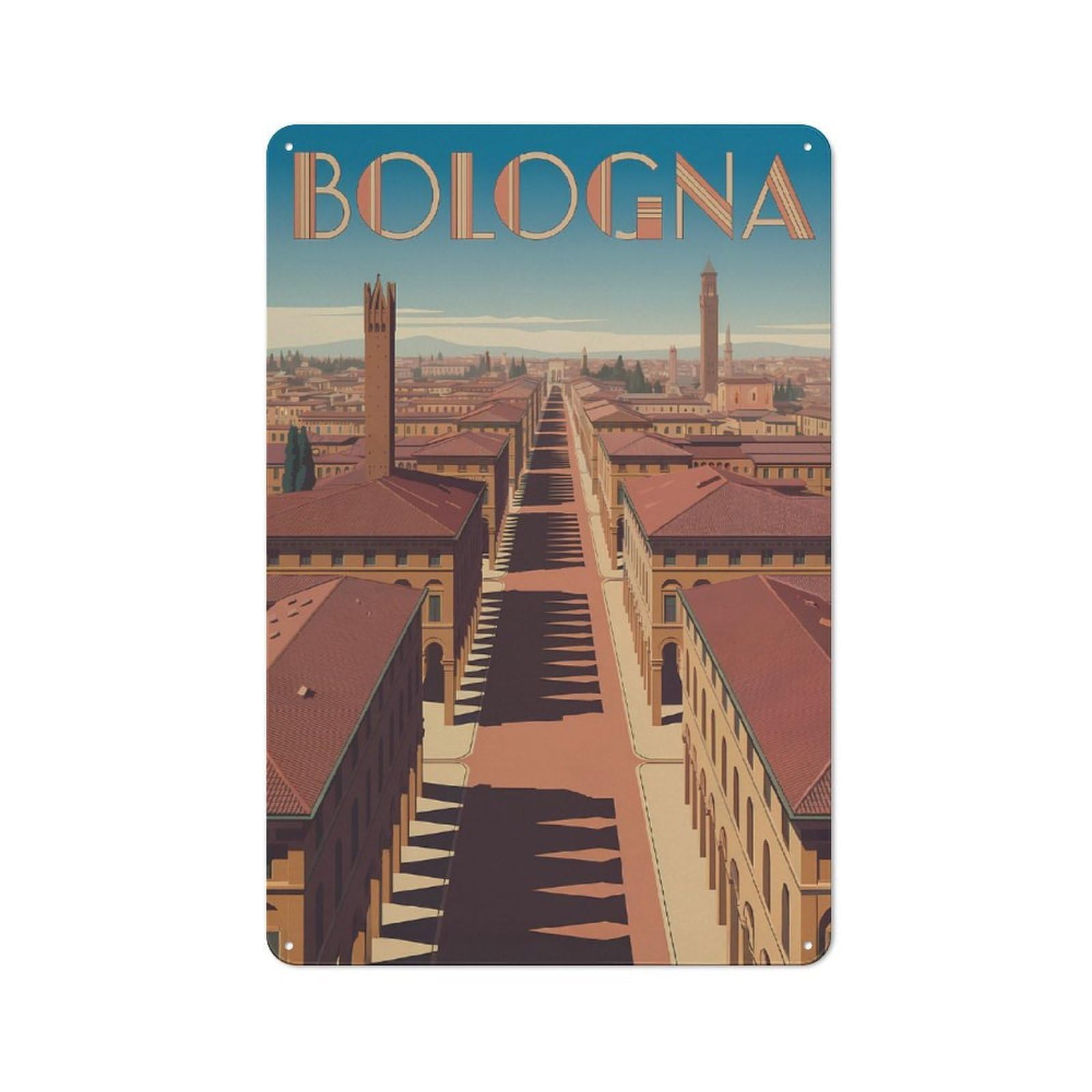 Bologna Cityscape Art Deco Style Rustic Printed Metal Sign 30x20cm for Bar Or Restaurant, for Bar Decor Enthusiasts