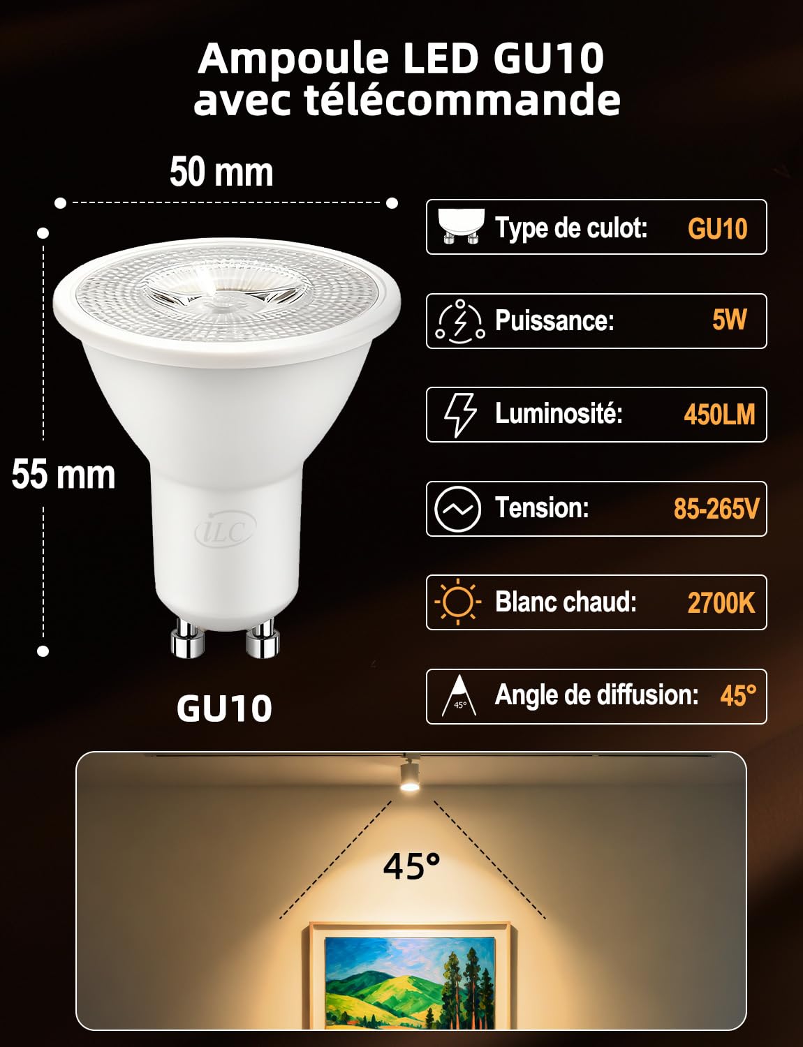 iLC Ampoule Led MR16 GU10 RGB Spot Culot led Changement de Couleur, Ampoules Led RGBW Dimmable Blanc chaud (2700K) Spots LED - Télécommande infrarouge incluse (paquet de 4)