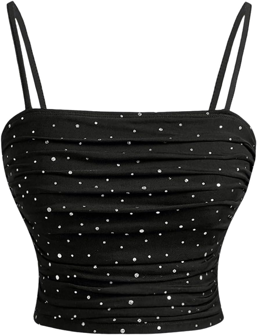 Floerns Women's Rhinestone Spaghetti Strap Crop Cami Top Ruched Going Out Camisole
