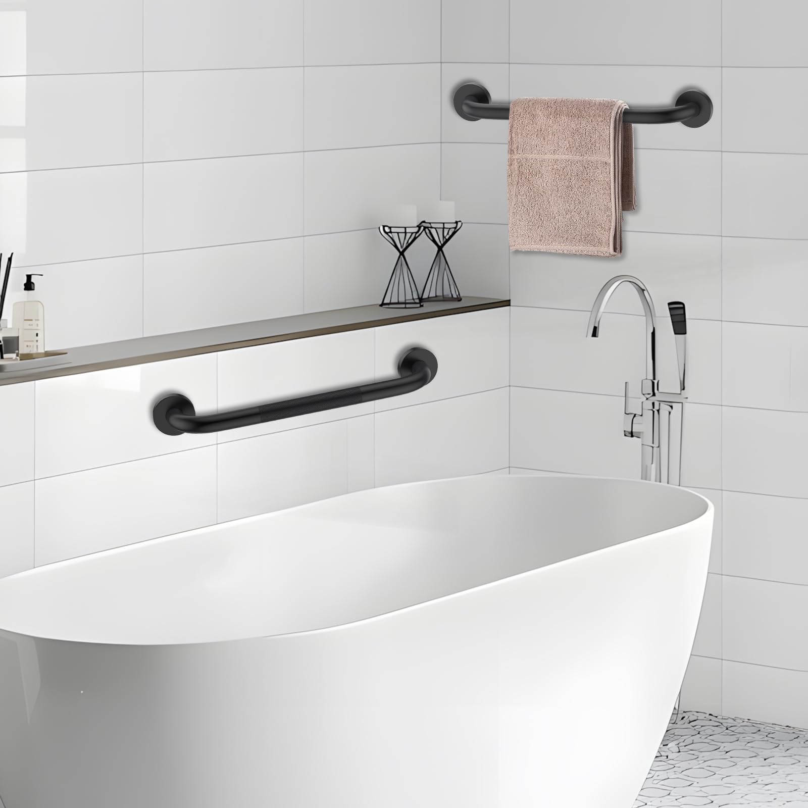 YF Lot de 2 Barres d'appui Salle de Bain, Poignées de Douche Antidérapantes en Acier Inox 201, Barres de douche de 30 cm, Sécurité pour Seniors, Handicapés et Enfants, Couleur, Noire