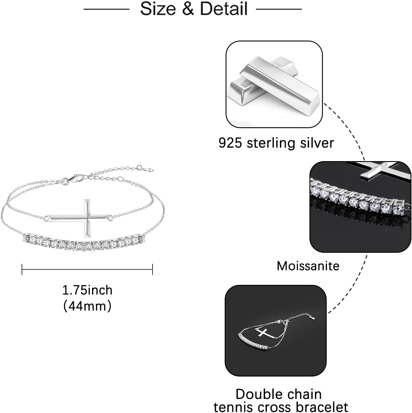 Cross Moissanite Tennis Bracelet for Women - 925 Sterling Silver Moissanite Tennis Bracelet Cross God Jewelry Double Strand Adjustable Gift for Women