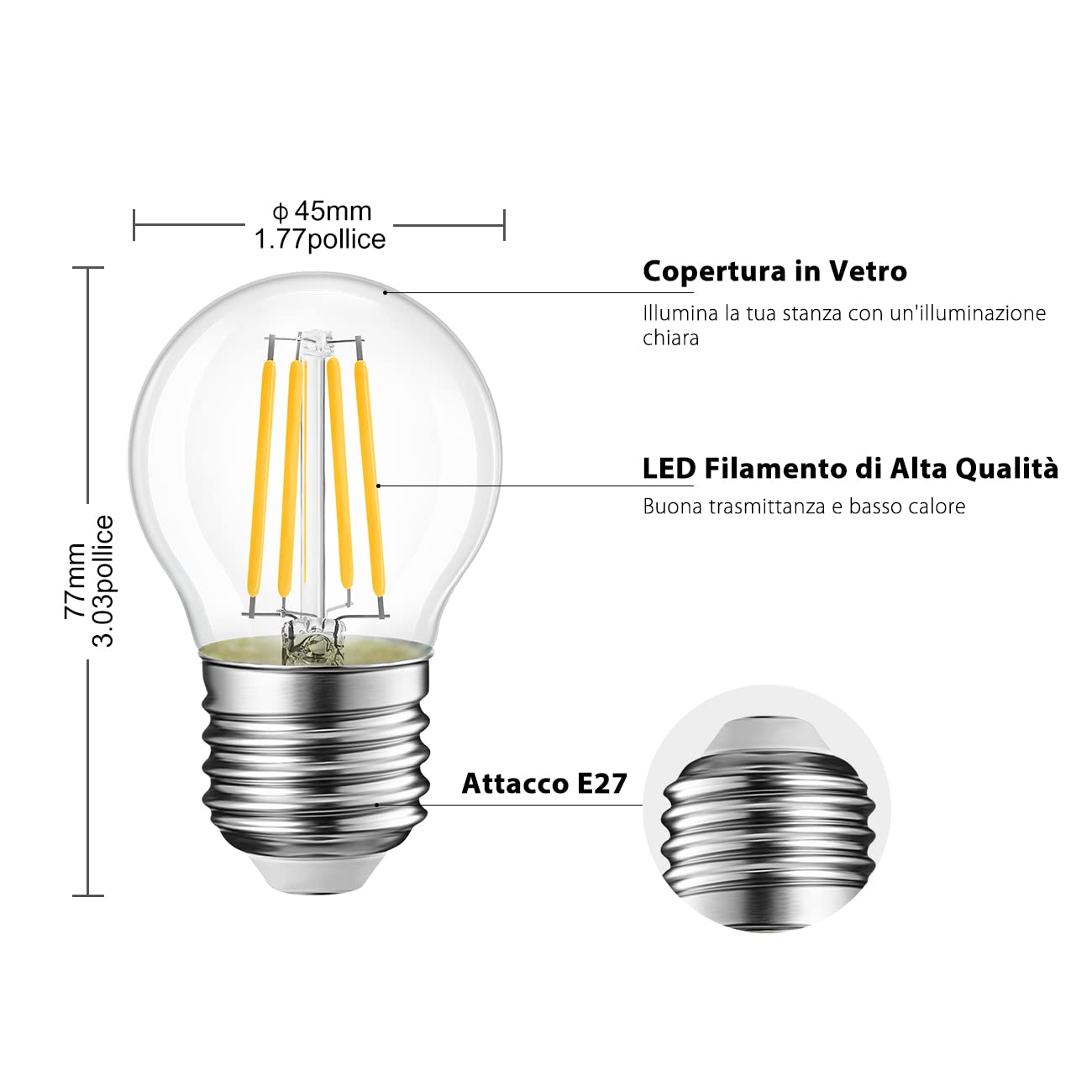 LVWIT Lampadine LED E27 Luce Calda 2700K, Lampadina LED Filamento 6W Equivalenti a 60W, 806LM, Lampadine Luce Calda, Mini Globo G45 Stile Vintage,Risparmio Energetico,Non Dimmerabile, Pacco da 6 Unità