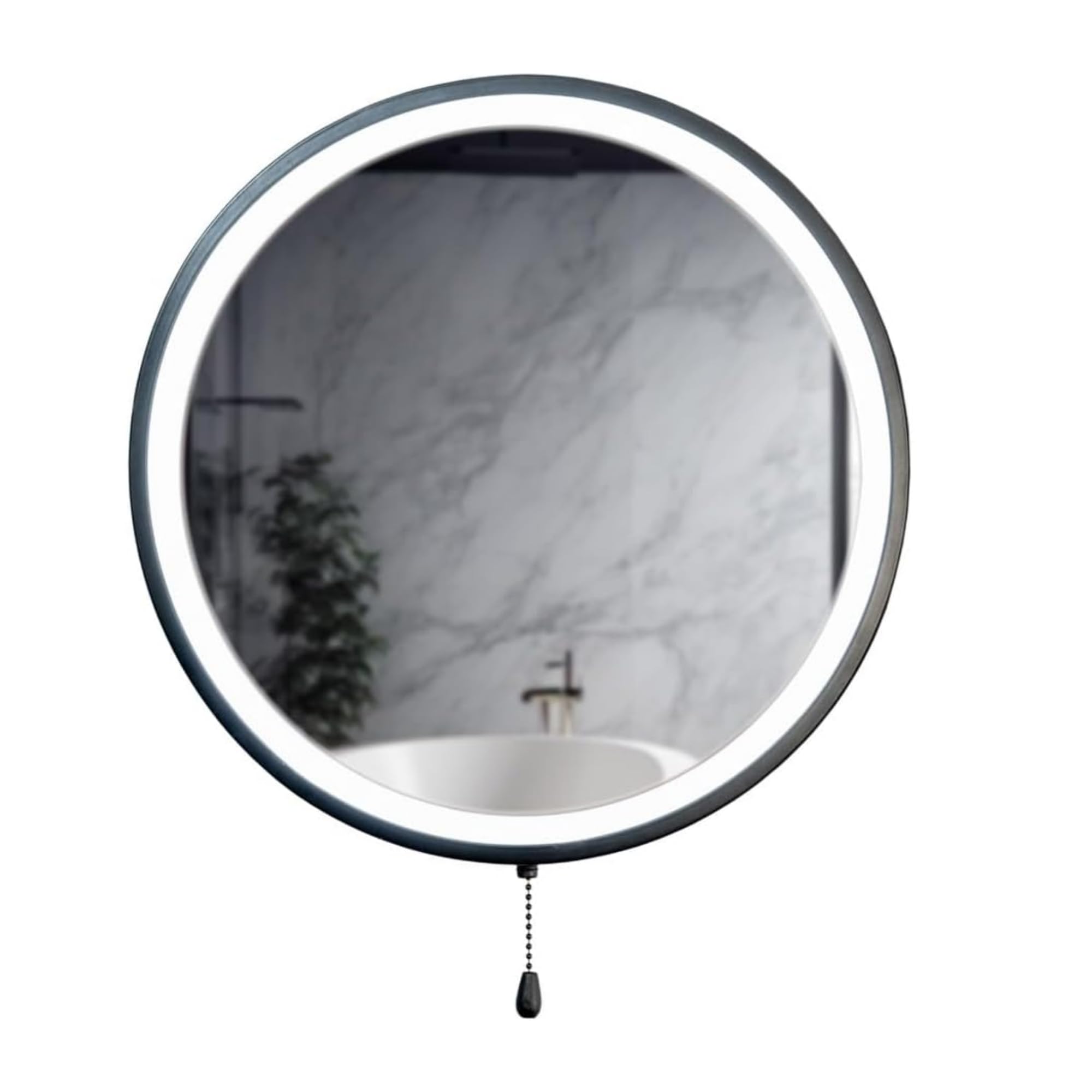 Matt Black Bathroom Mirror Round Battery Operated Easy Fit Mirror with Pull Switch Integrated LED | Bathroom & Home Improvements Essential