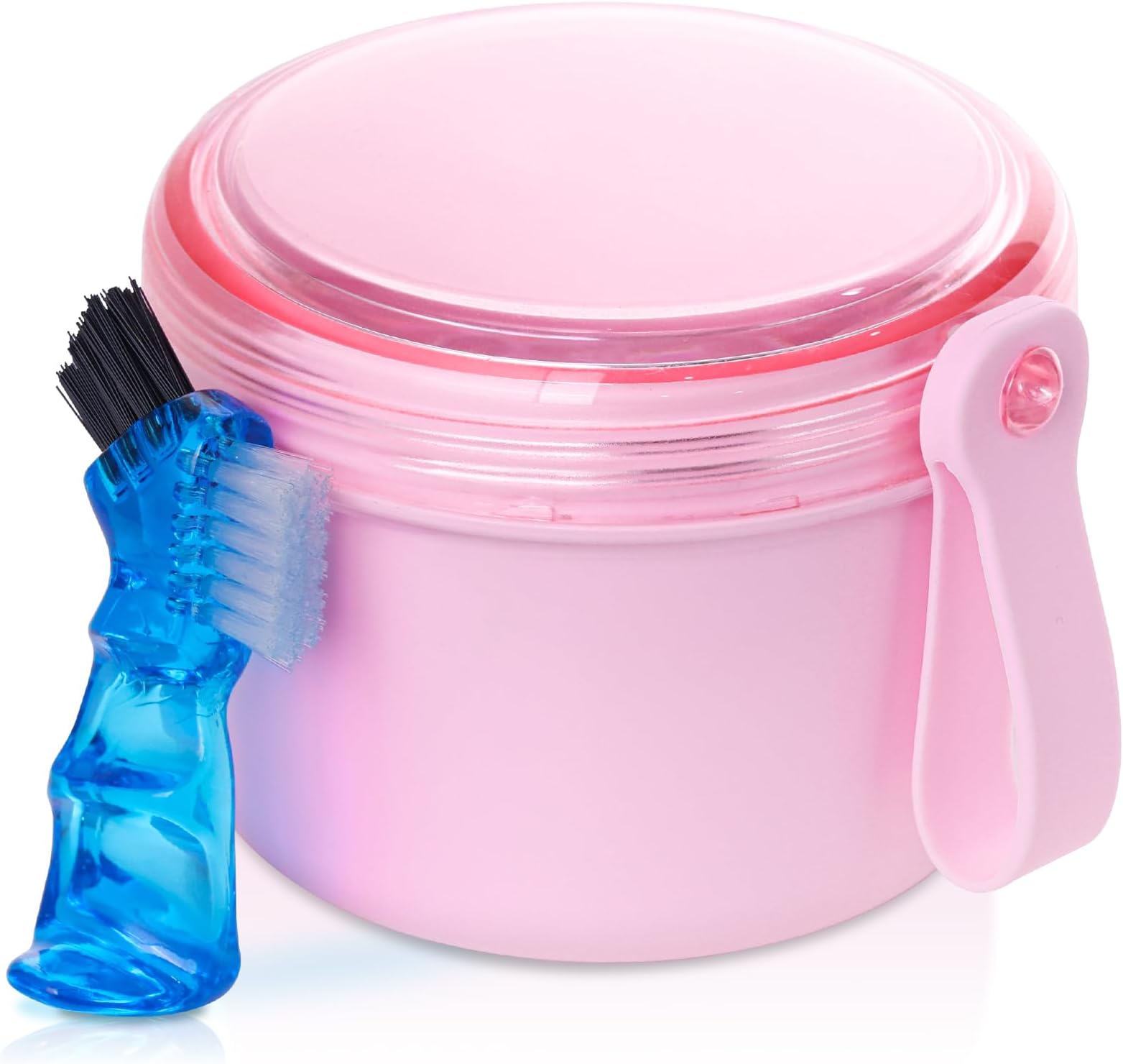 Denture Case, Leak Proof Denture Bath Cup for Travel, Denture Container Cups for Soaking Full & Partial Dentures, Retainers, Denture Cleaning Kit Holder Box with Denture Cleaner Brush-Pink