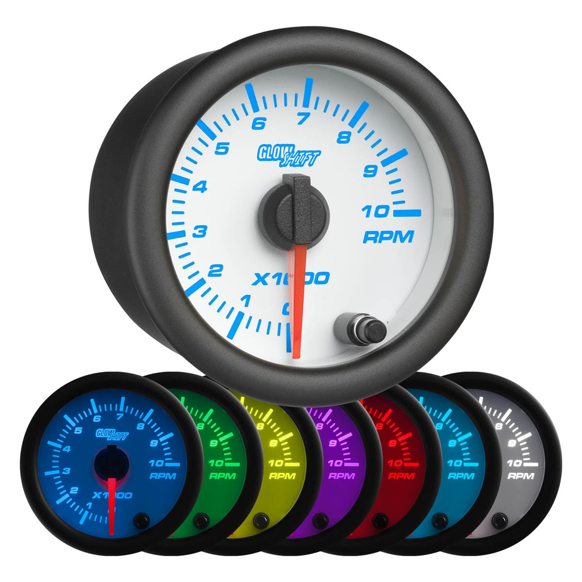 GlowShift White 7 Color 10,000 RPM Tachometer Gauge - for 1-10 Cylinder Gas Powered Engines - White Dial - Clear Lens - 2-1/16" 52mm