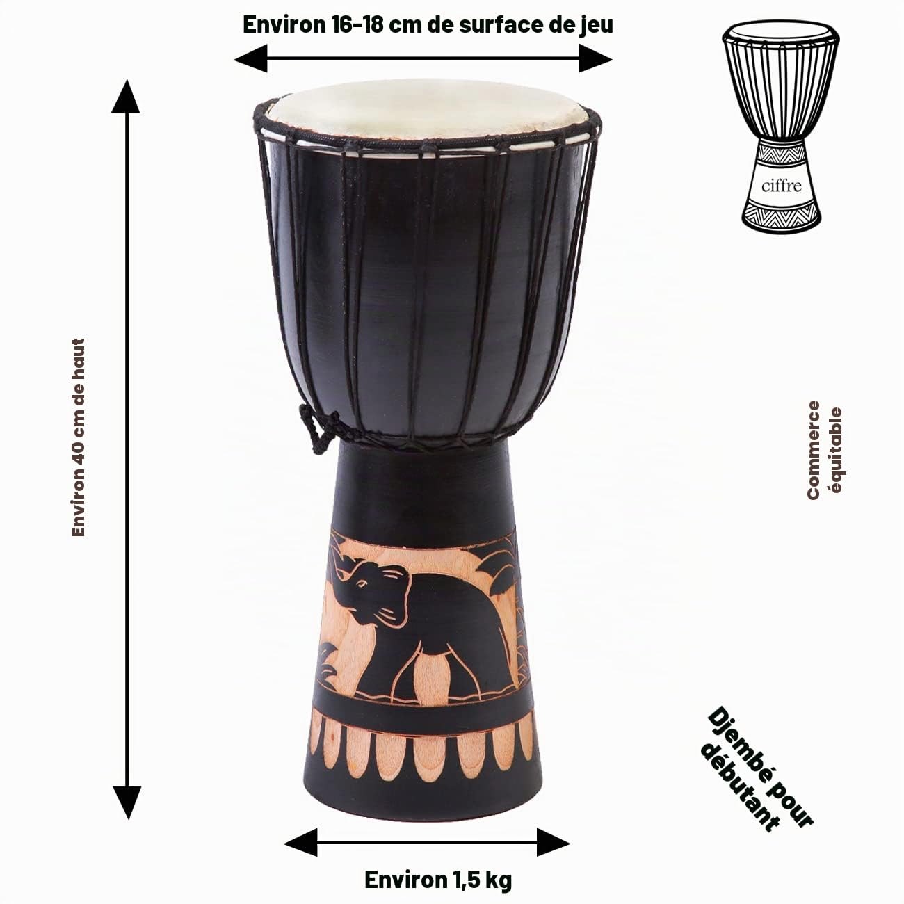 40 cm djembé tambour bongo éléphant noir débutants enfants bon son