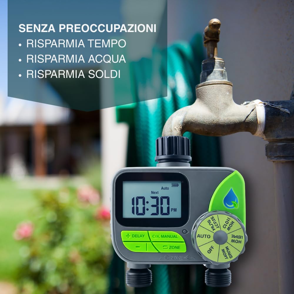 acquaverde HydroSmart 2S | Centralina Irrigazione Automatica Digitale a Batteria, Timer Programmatore Acqua da Rubinetto 2 Stazioni per Orto e Giardino, Attacco 1/2”-3/4”, IP54