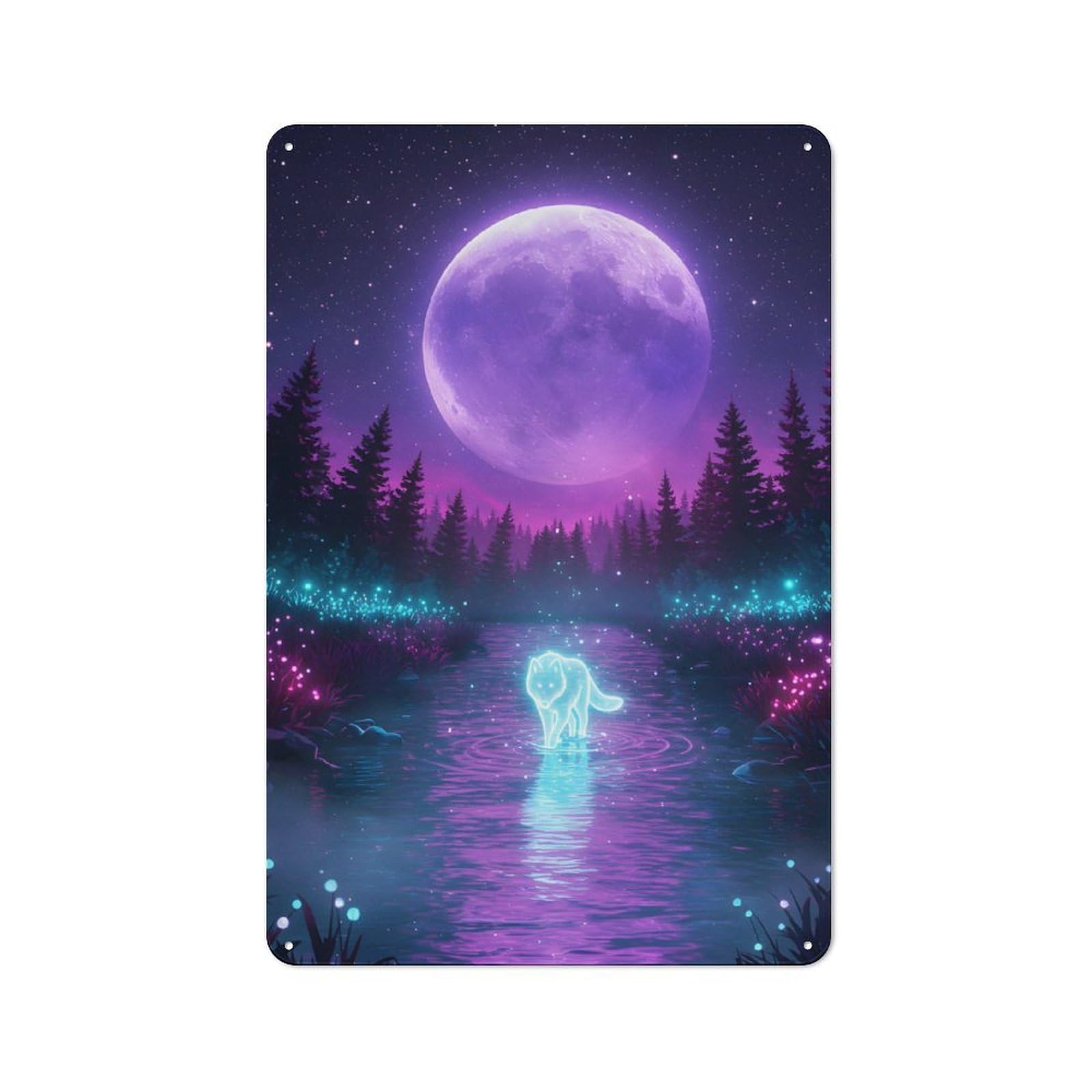 Neon Wolf in Moonlight Stream Rustic Tin Sign 30x20cm for Home Office Or Studio, for Vintage Wall Decor Fans, for Home Office And Studio Walls