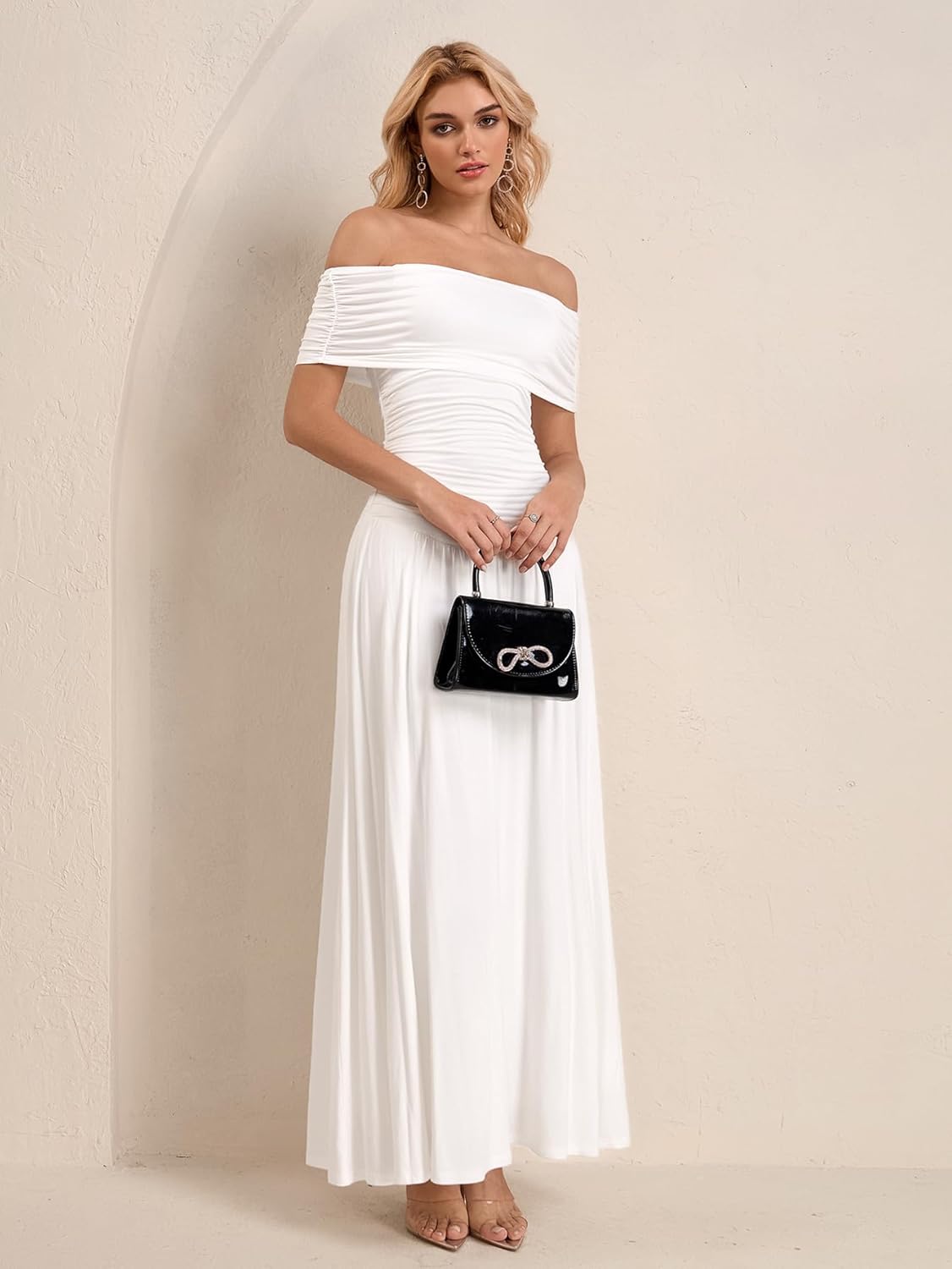 Off The Shoulder Maxi Dress for Women Summer Ruched Bodycon Pleated Flowy Formal Wedding Guest Long Dresses - Image 2