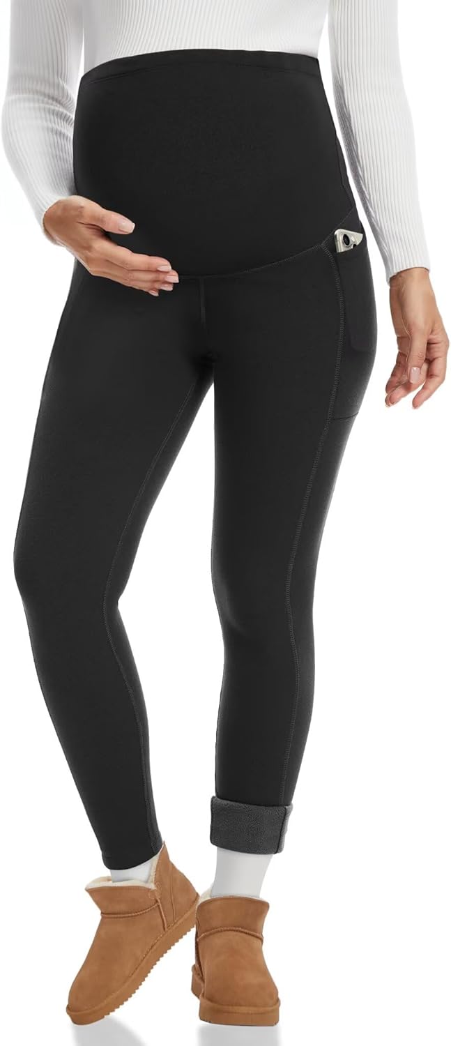 Happy.angel Women's Maternity Fleece Lined Leggings with Pockets Thick Thermal Pregnancy Yoga Pants Warm Winter Plus Size - Image 2