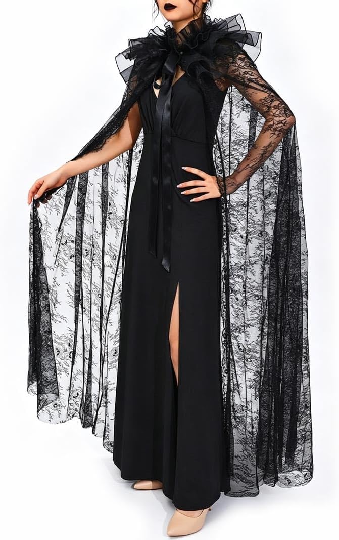 Gothic Lace Cape Black Ruffled Collar Halloween Cloak for Women