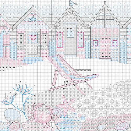Image of Dimensions 70-35446 Beach Huts Counted Cross Stitch Kit, 8 inch x 7 inch, 16 Cnt. White Aida, 4 Pieces