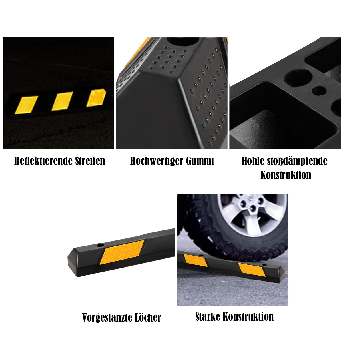 GYMAX Topes de Aparcamiento de Alta Resistencia, Tope Rueda de Goma con 8 Bandas Reflectantes Amarillas para Estacionar y Parkings, Protector de Paredes de Garaje, 183 x 15 x 10 cm