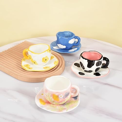 Miniatura 4 de Koythin Taza de café de cerámica con platillo, bonita taza única hecha a mano para mujeres para la oficina y el hogar, apta para lavavajillas y