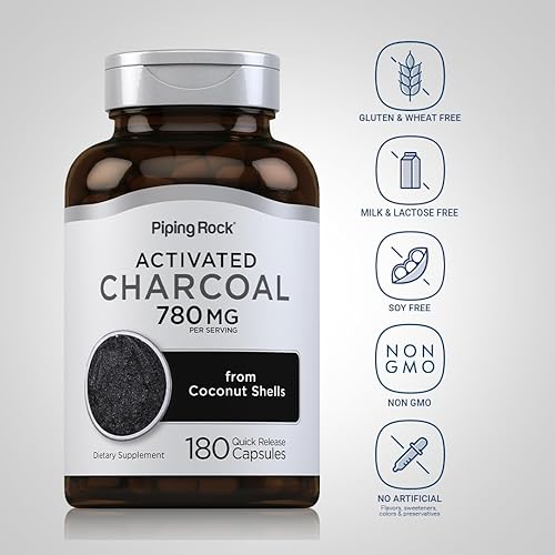Miniatura 3 de Piping Rock Píldoras de carbón activado | 780 mg | 180 cápsulas | de cáscaras de coco | Suplemento sin OMG, sin gluten