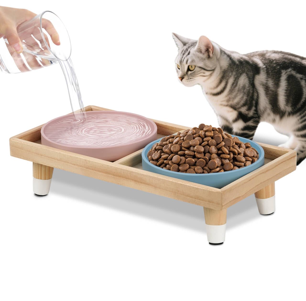 Cat Food and Water Bowl Set, Raised Cat Bowls Elevated for Indoor 7" Wide Puppy Plates Anti Whisker Fatigue Pet Feeding Dishes,Pet Feeding Station for
