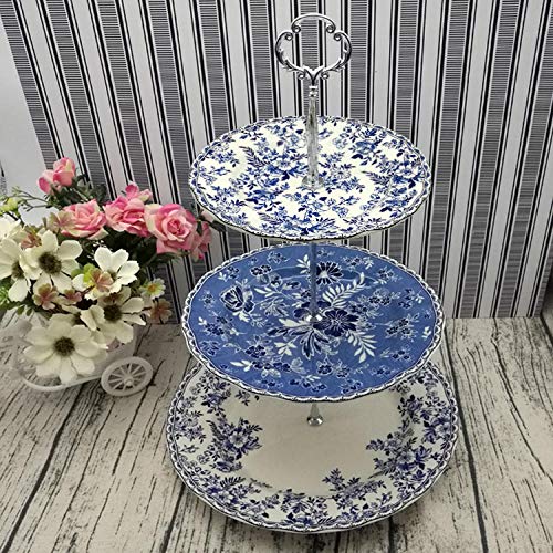 LMMJYF Piatti Occidentali in Porcellana Blu e Bianca stoviglie per la casa Ciotole e Piatti Tazze da caffè e piattini Servizio da tè-Piatto Frutta a Tre Strati con Asta Spessa Argento