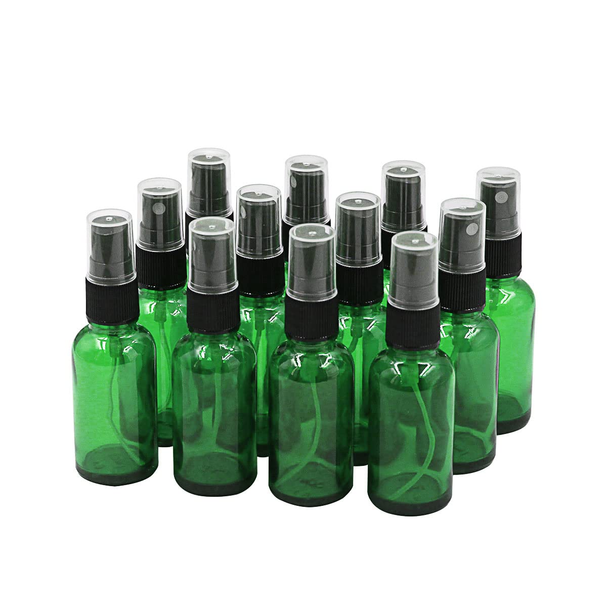 Topsky 12 botellas vacías de 30 ml de cristal resistente a los rayos UV con atomizador fino, ideal para aceites esenciales, perfumes y fijadores para el cabello (verde)