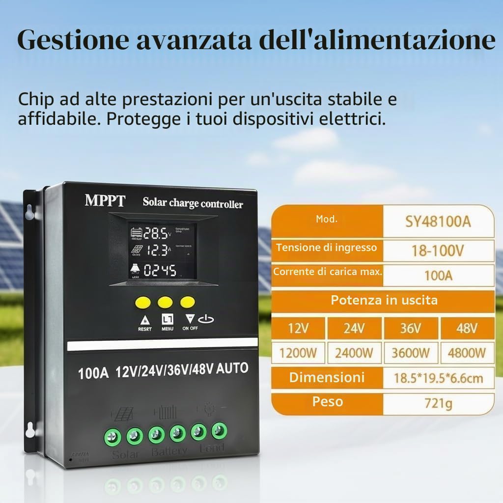 Caricabatterie MPPT da 100 A, controller batteria solare 100 A, 12/24/36/48 VBlei-batteria e batteria al litio, display LCD, design impermeabile