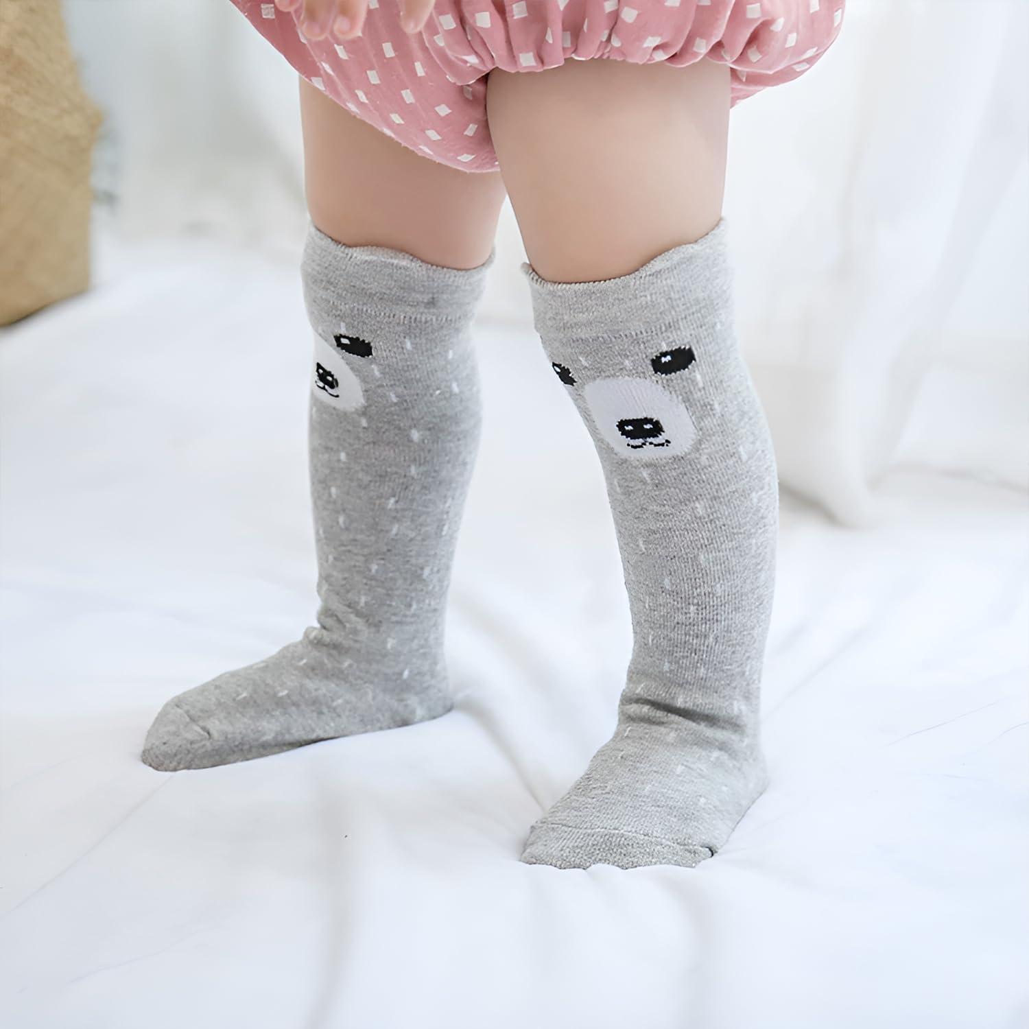 SYGA 3 Pairs Baby Cartoon Animal Knee-High Socks – Soft Cotton Long Socks for Kids 0-2 Years (Light Pink, Pink, Grey) 1