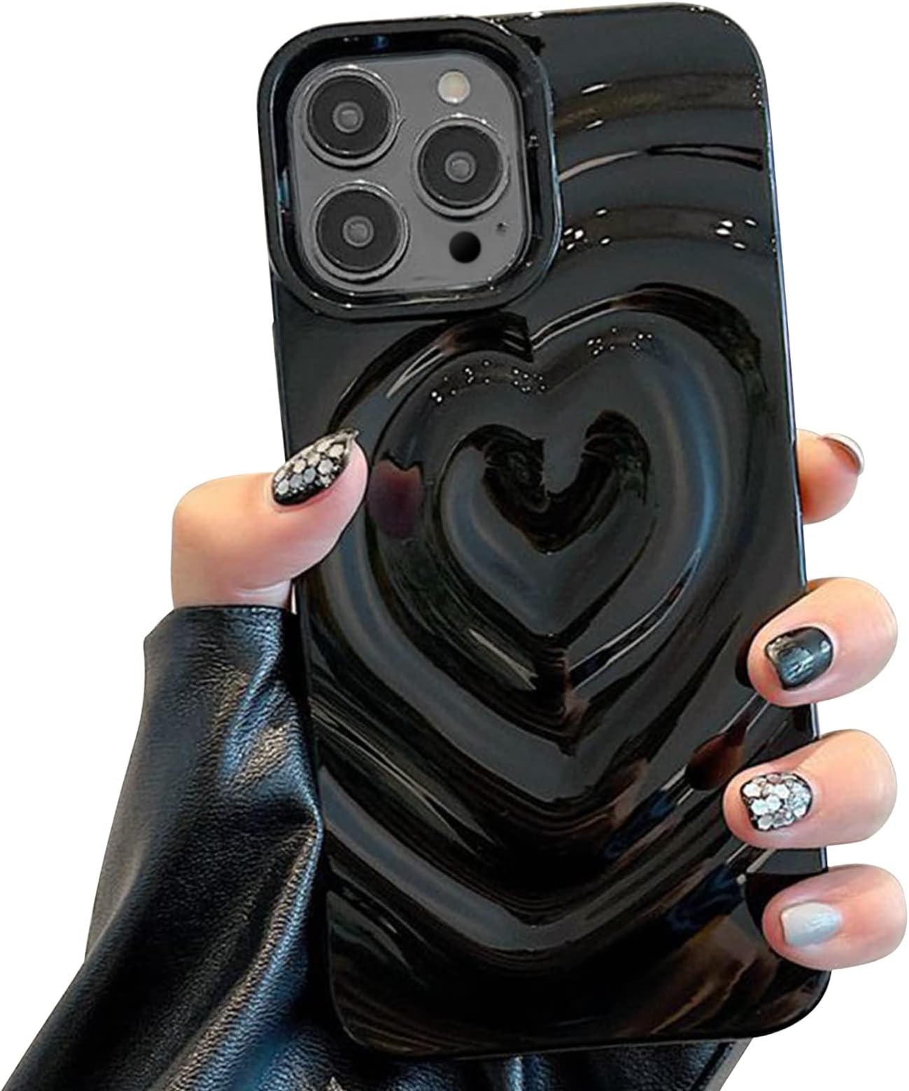NITITOPCompatible for iPhone 15 Pro Max Case Cute Love Heart Fashion Soft Silicone 3D Heart Water Ripple Shockproof Women Girls Case Cover - Black