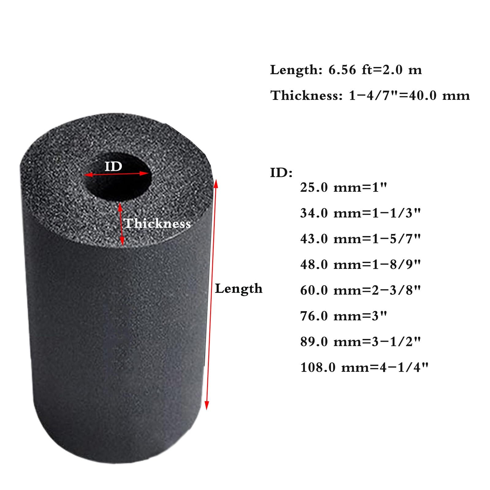 Isolamento Acustico e Isolamento Tubi 2,0 m, Tubi Isolanti, Manicotto In Gomma per Varie Condutture Esterne, Spessore 40,0 mm, ID 25,0-108,0 mm(34.0 MM X 40.0 MM)