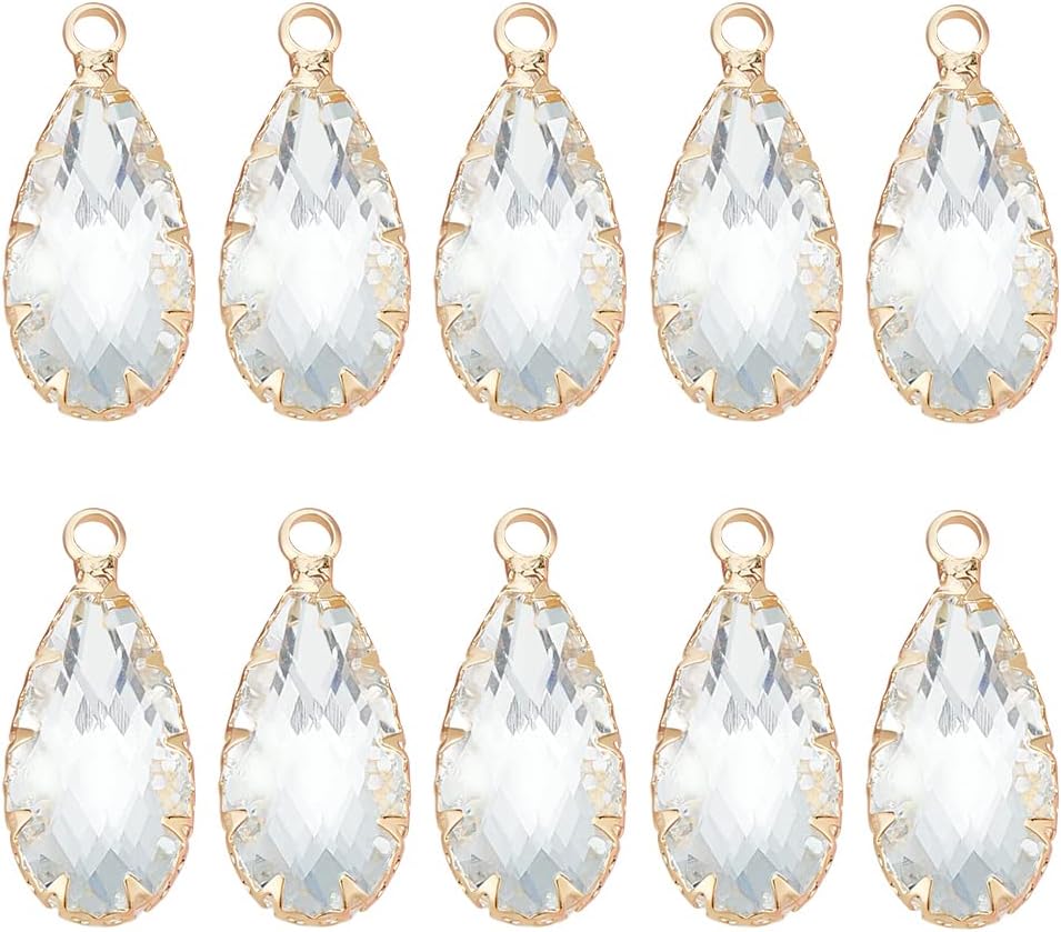 BENECREAT 10Pcs 18K Real Gold Plated Brass Glass Charm Pendants, Faceted Drop Teardrop Shape Charms for Anniversary Jewelry Making DIY Accessories,0.94x0.4x0.2inch - Image 8