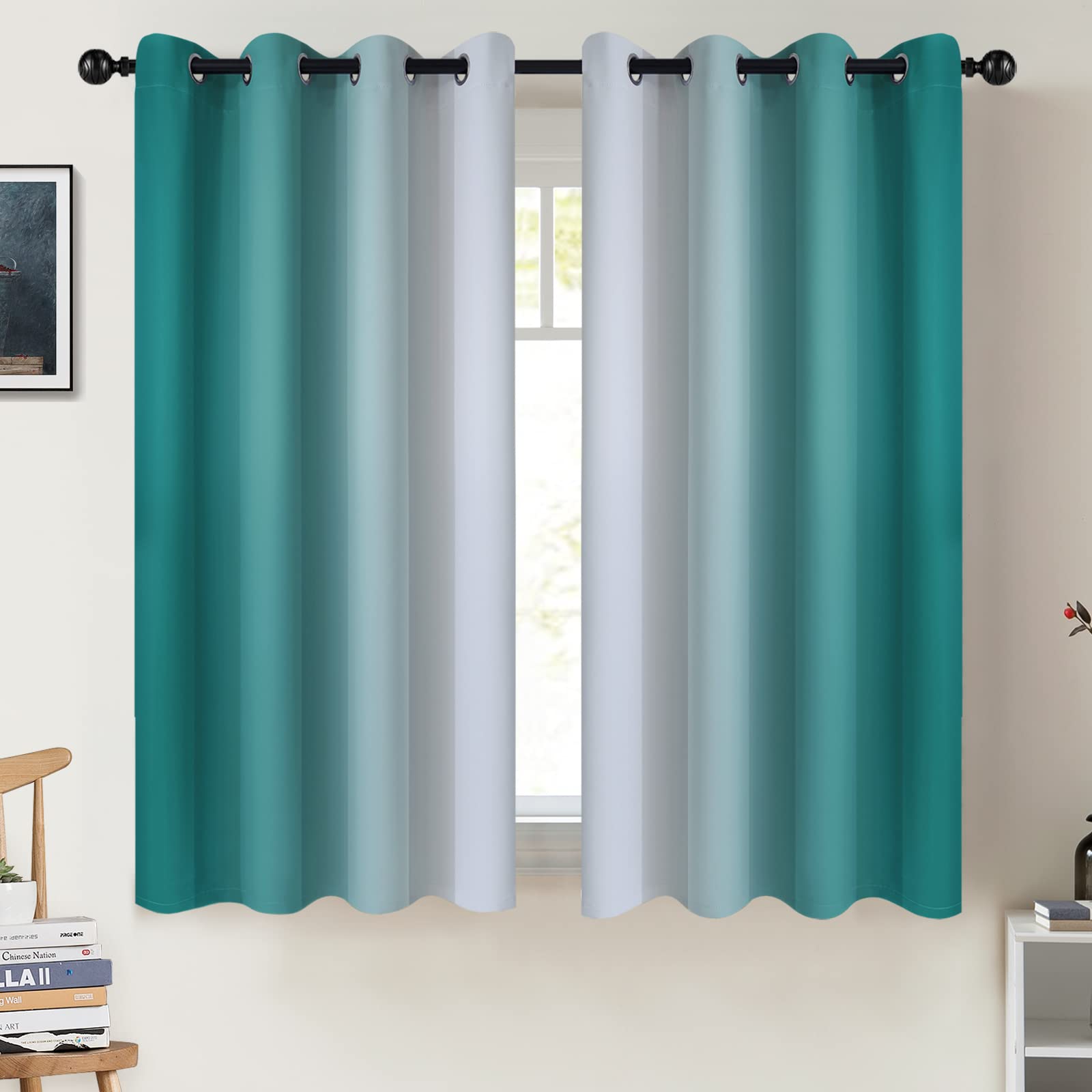 COSVIYA Blackout Curtains & Drapes Ombre Teal Curtains 54 inch Length 2 Panels for Bedroom, Grommet Room Darkening Light Blocking Insulated Thermal Small Window Curtains for Living Room,52x54 inches — image 1