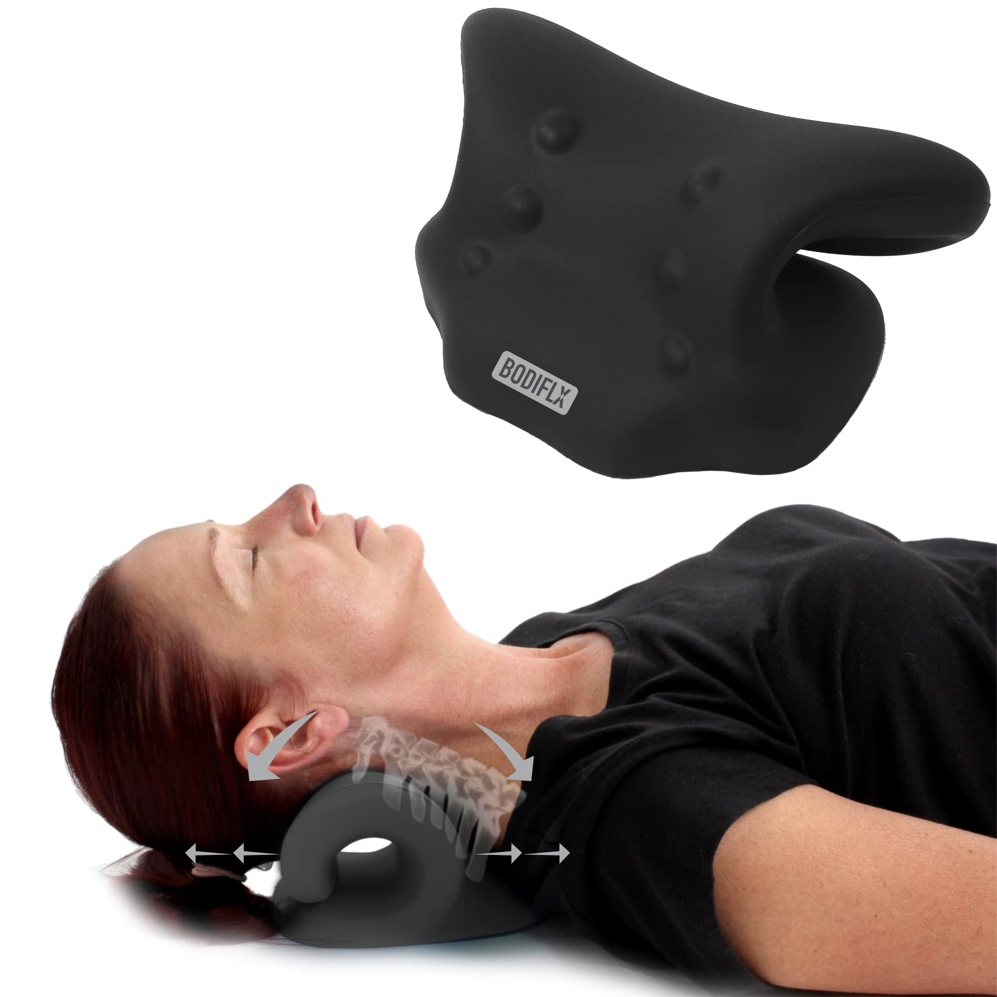 BODIFLX - Neck Stretcher, Cervical Neck Traction Device for Pain Relief and Relaxer, Neck Hump and Posture Corrector, Chiropractic Neck Pillow for Pain Relief and Spine Alignment - Black