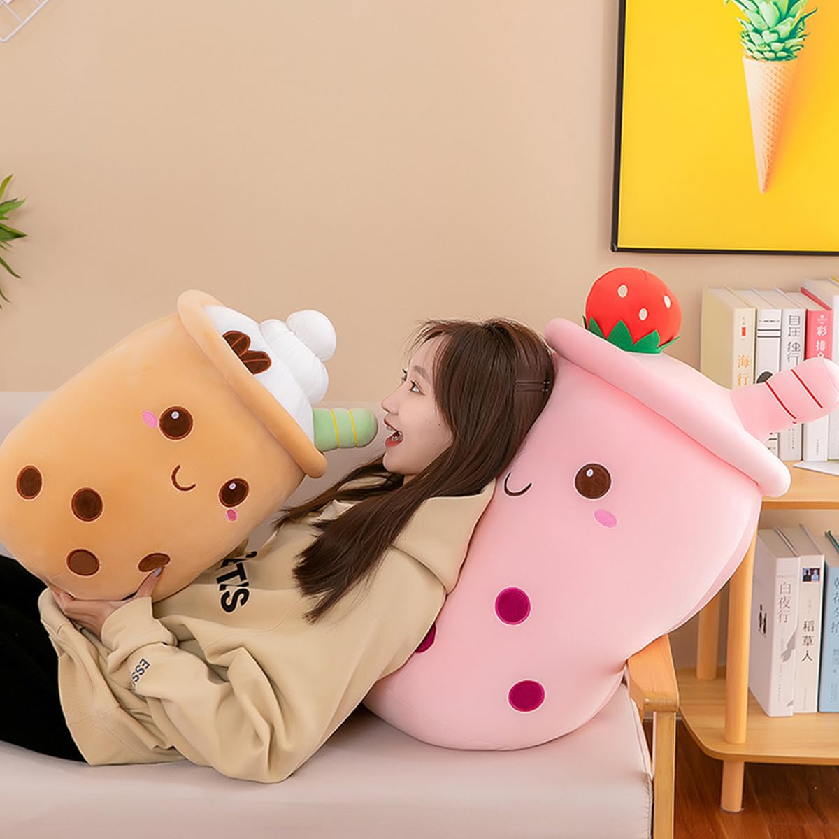 Bubble Tea Peluche Cuscino, Kawaii Boba Peluche Giocattolo Imbottito Soft Bubble Pearl Milk Tea Abbraccio Cuscino Regali per Bambini(Brown-Round eyes,50cm)
