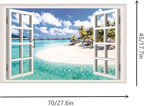 Miniatura 4 de Calcomanías de pared de paisaje marino de playa, paisaje natural 3D, póster de ventana de imitación de palmera de playa tropical, calcomanías de