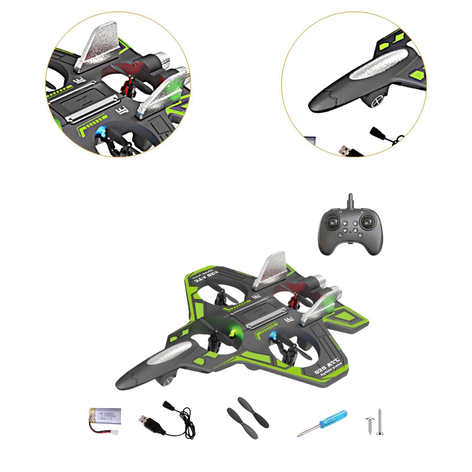 Aereo RC in Schiuma con Telecomando, Aeroplano con Rotazione a 360°, Giocattolo Volante per Esterni, Aereo RC da Combattimento con Luce per Bambini e, Verde 1 Batteria 300