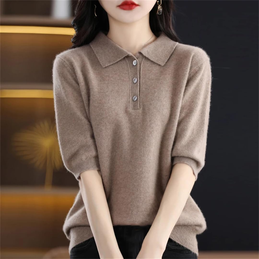 Wjnvfioo Lana Merino Manica Corta Donna Tinta unita Primavera ed Estate Risvolto Mezza Manica T-Shirt Camicia Corta Moda Top..