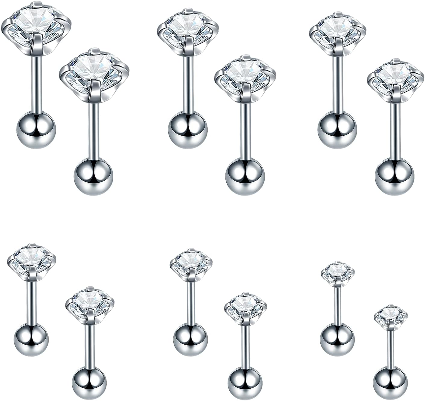BLZ 6 Pairs 14K Cubic Zirconia Stud Earrings for Women Men 20G Screw Back Earrings 316L Stainless Steel Cartilage Earrings Hypoallergenic Men Earrings - Image 8
