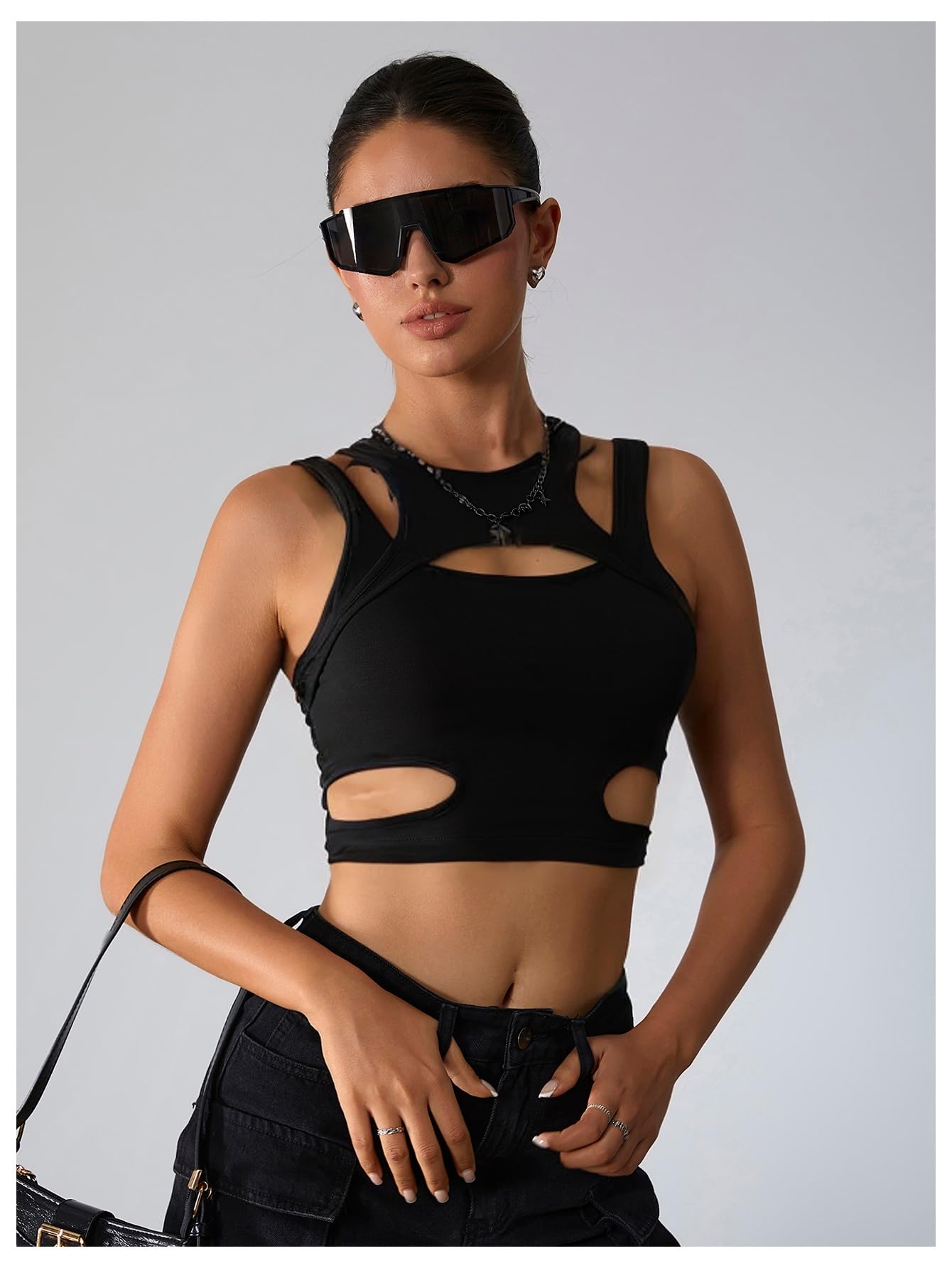 Milumia Women's Cut Out Gothic Tank Top Sexy Going Out Crop Tops Rave Outfits: Large Deep Blue