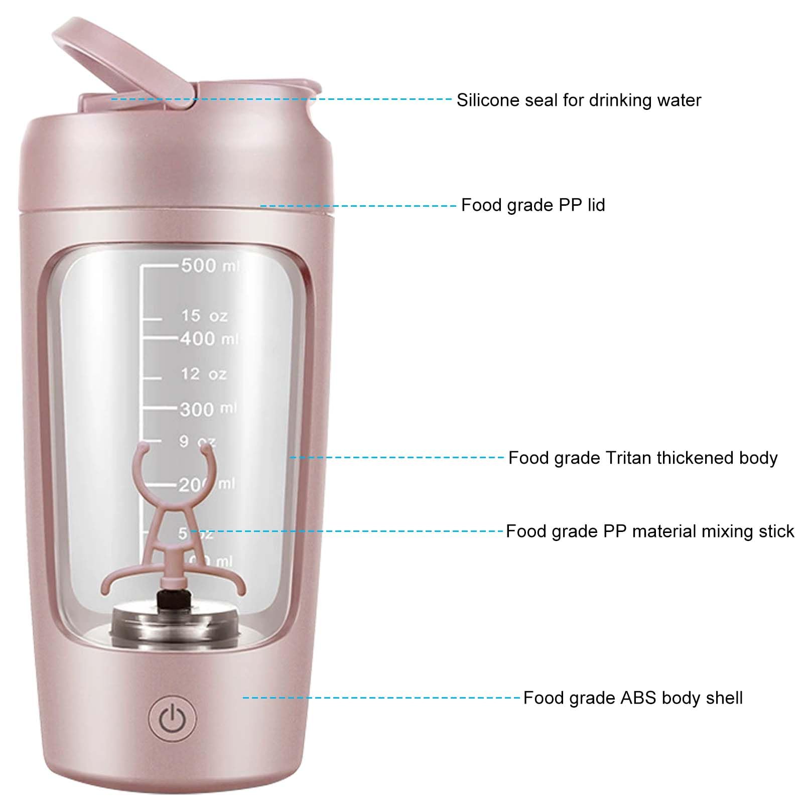 GOMETY Shaker elettrico, 650 ml, frullatore automatico di proteine, shaker elettrico con scomparto per polvere, shaker per frullati proteici, senza BPA, USB ricaricabile per frullati di proteine