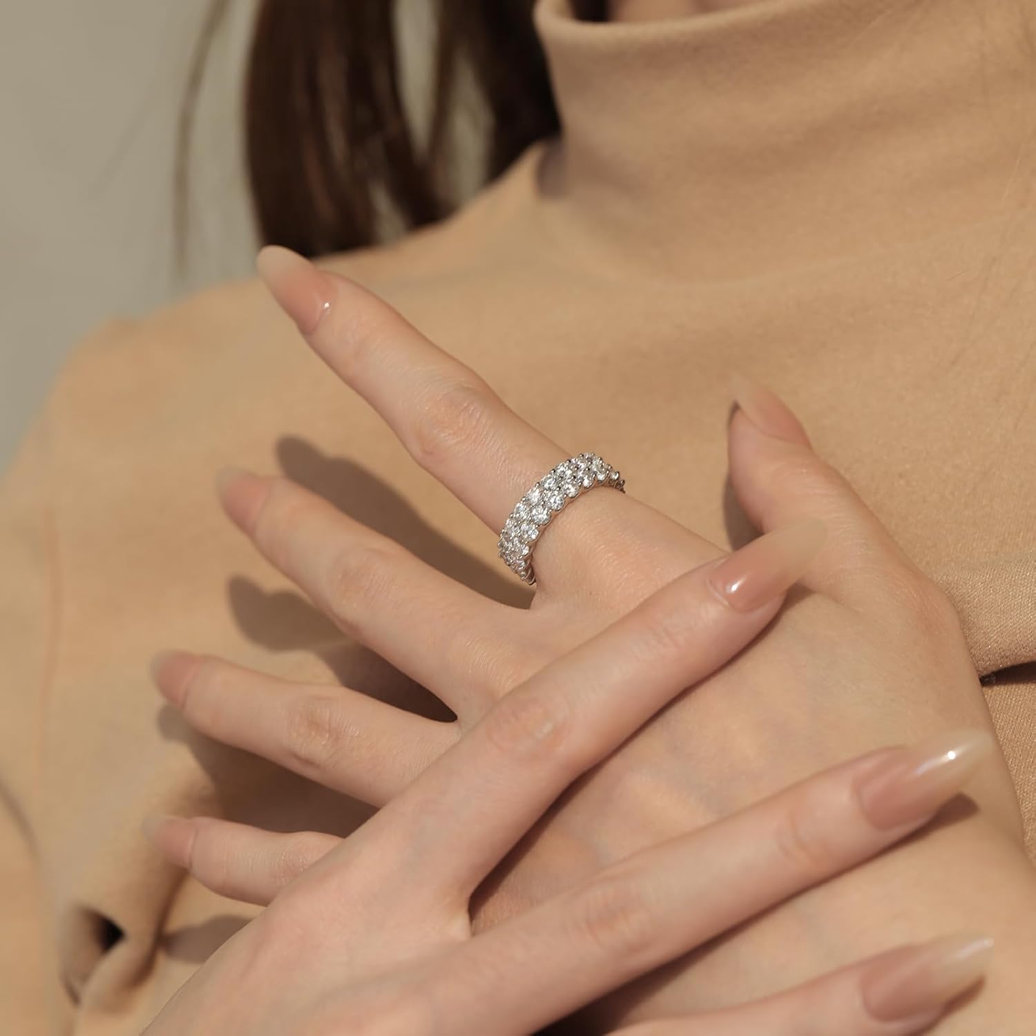 Luxury D Color VVS1 Moissanite Eternity Ring Double Rows 925 Sterling Silver Pave Setting Wedding Band Engagement Promise Ring for Women GRA Certified