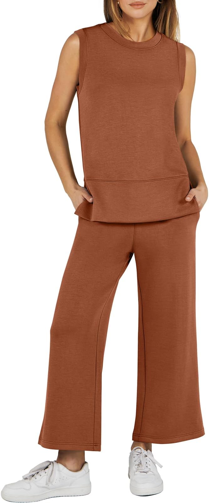 ANRABESSWomen's 2 Piece Sets Summer Travel Airplane Outfits Sleeveless Wide Leg Casual Lounge Matching Sweat Set Sweatsuits