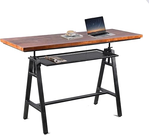 Mesa de bar alta industrial con estante de almacenamiento de metal, rectangular, mesa de desayuno de comedor para 4-6 personas, 35.6-41.7 pulgadas