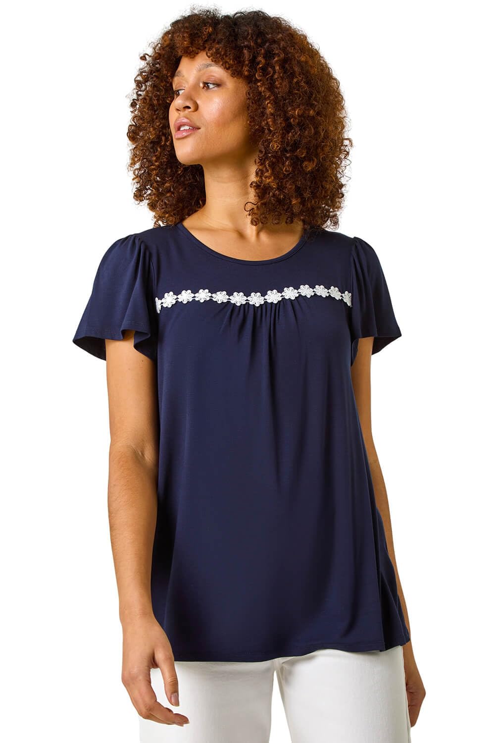 Roman Daisy Applique Stretch Top for Women UK - Ladies Autumn Everyday Winter Holiday Round Neckline Comfy Short Sleeve Soft Floral Tee Office Desk Shirts - Navy - Size 12